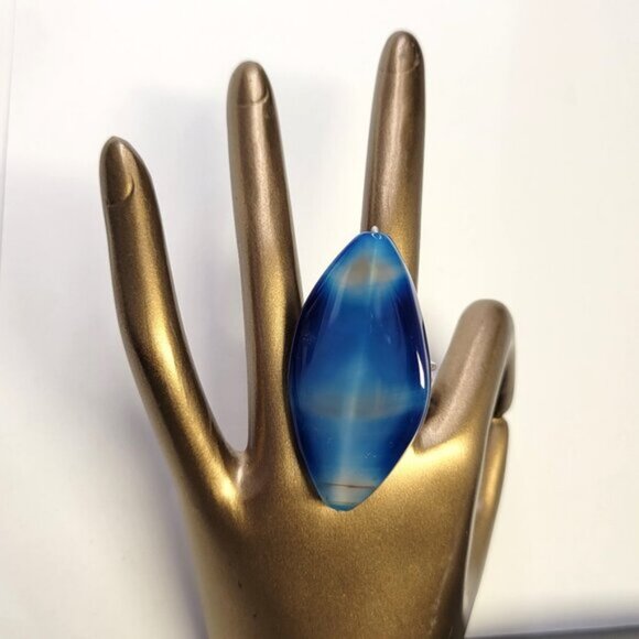 Huge Blue Agate Ring Adjustable Band Handmade Semi Precious Ring Oval Agate Ring - Picture 2 of 10
